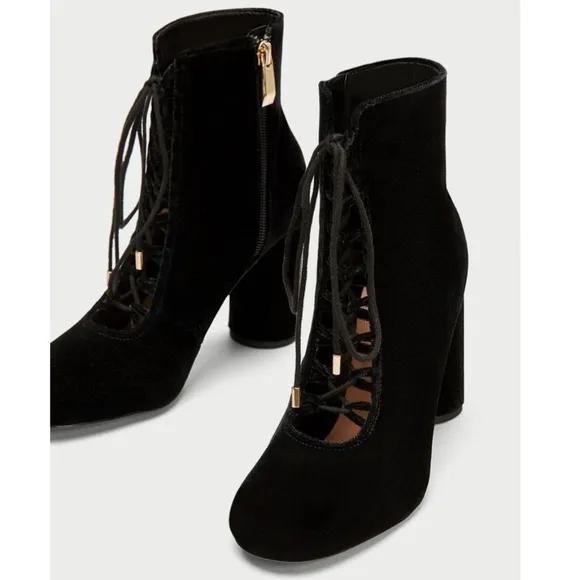 Zara Velvet Lace Tie Up High Heel Ankle Boot