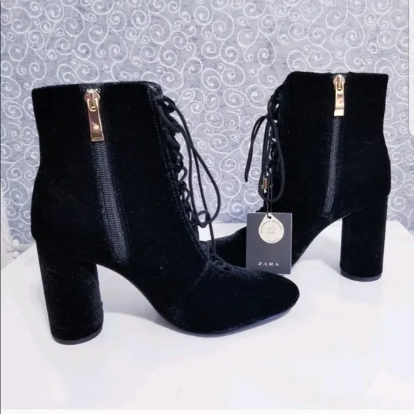 Zara Velvet Lace Tie Up High Heel Ankle Boot