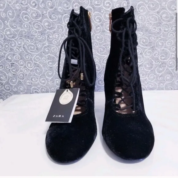 Zara Velvet Lace Tie Up High Heel Ankle Boot