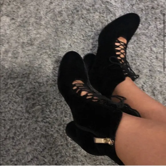 Zara Velvet Lace Tie Up High Heel Ankle Boot