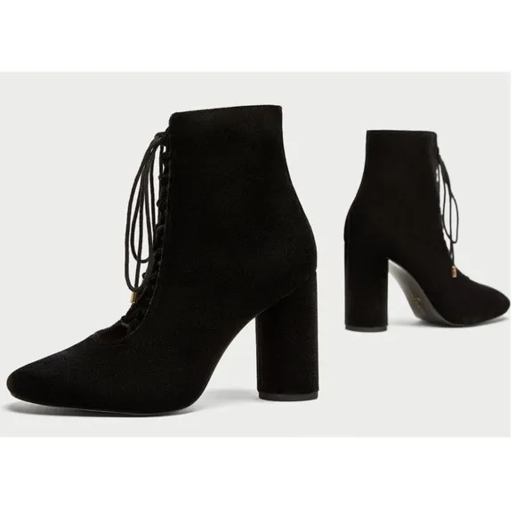 Zara Velvet Lace Tie Up High Heel Ankle Boot