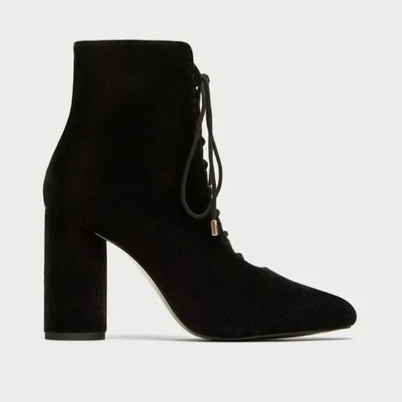 Zara Velvet Lace Tie Up High Heel Ankle Boot