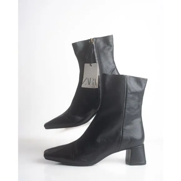Zara Womens Ankle Boots Black Leather Heeled EU 40 US 9 Side zip 2128/010 NWT