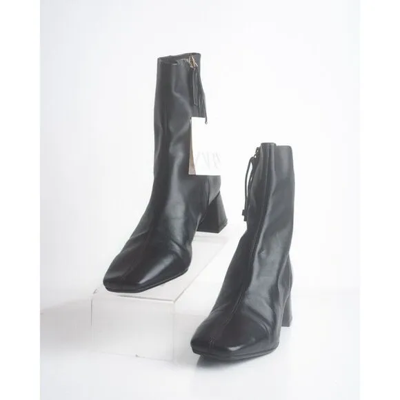 Zara Womens Ankle Boots Black Leather Heeled EU 40 US 9 Side zip 2128/010 NWT